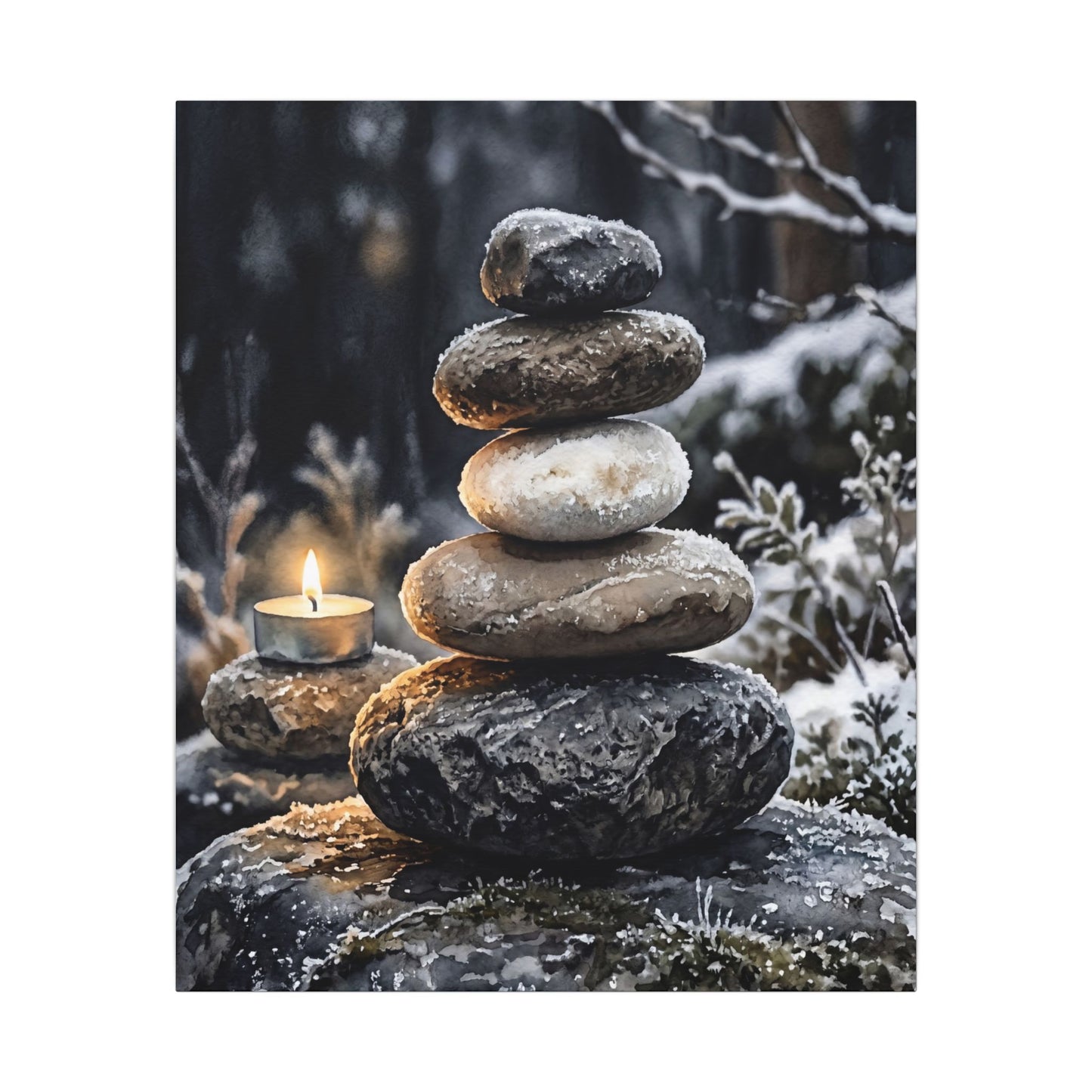 River Stones Canvas Art | Winter Japandi Watercolor Art