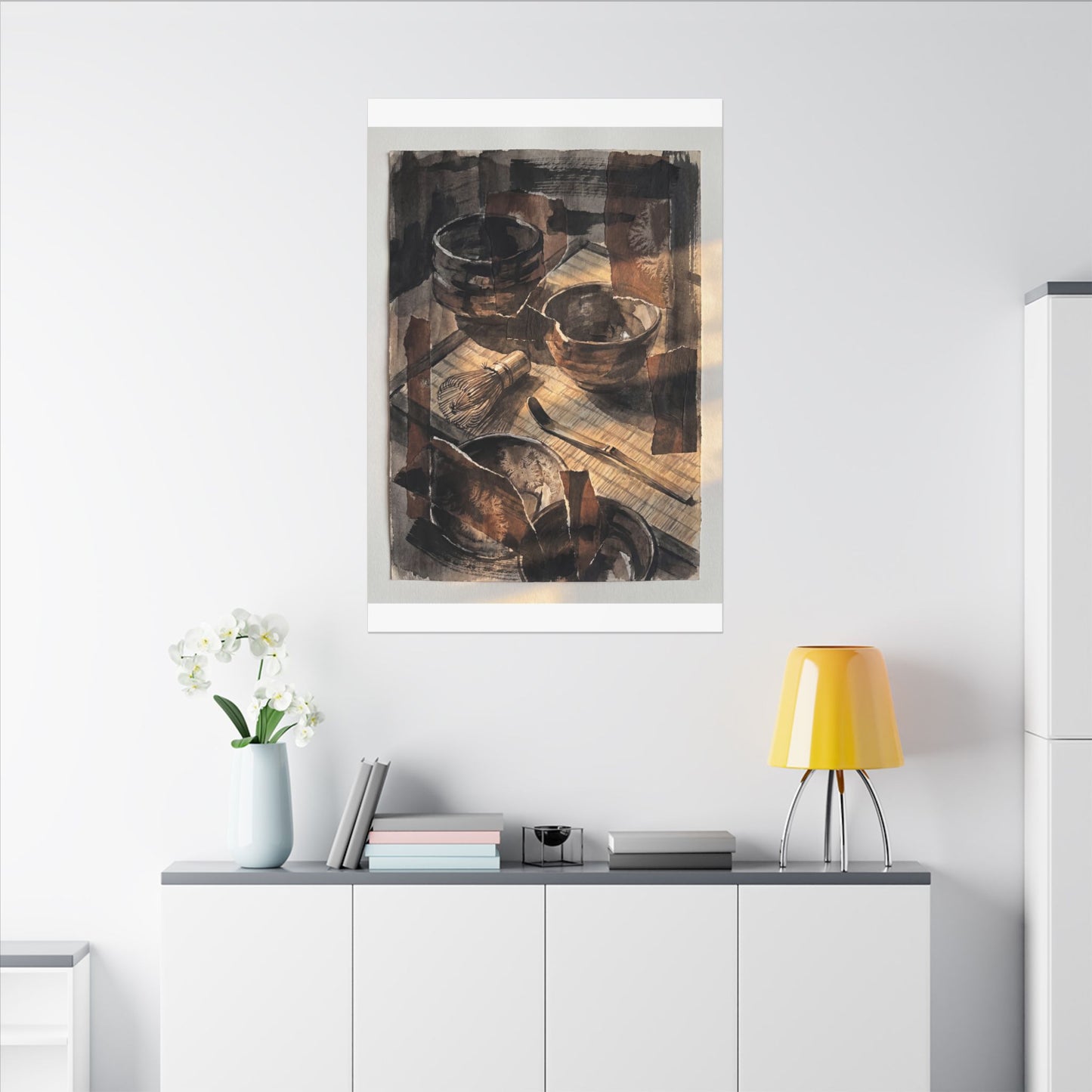 Tea Ceremony Charcoal Ink Canvas Art | Luxurious Dark Japandi Art