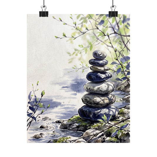 Zen River Stones in Dappled | Sumi E Wall Art Print