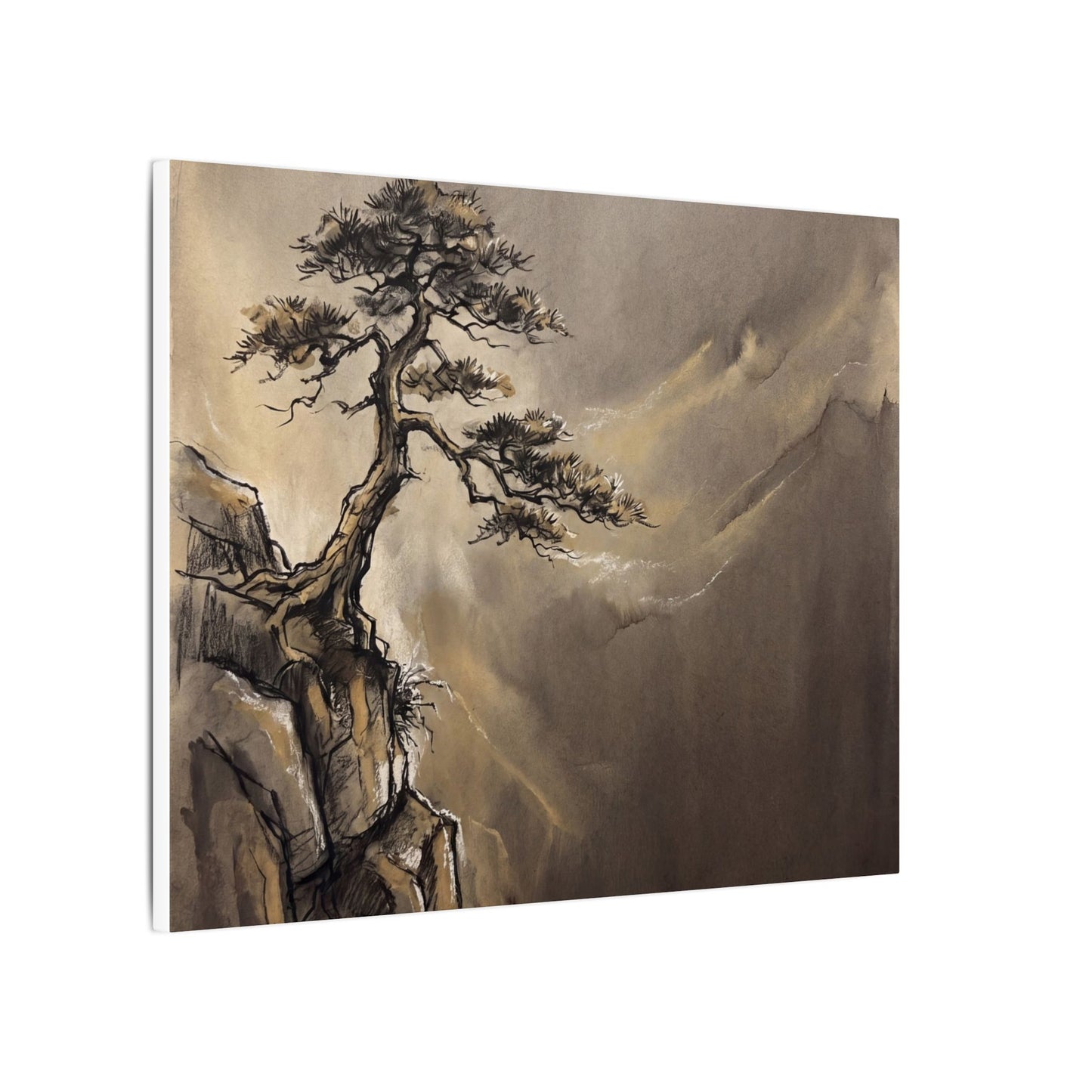 Pine Tree Charcoal Ink Canvas Art | Luxurious Dark Japandi Art