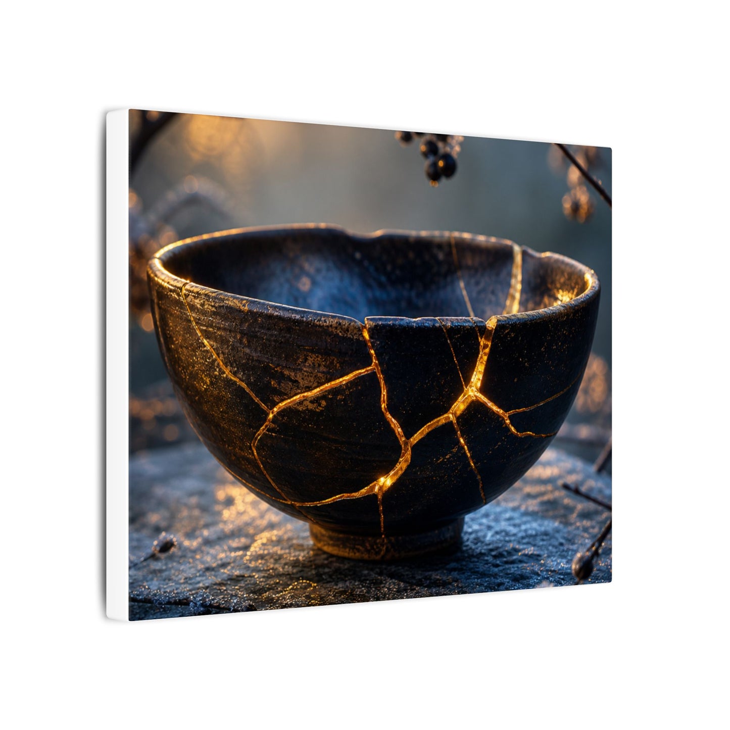 Ceramic Bowl Canvas Art | Winter Kintsugi Gold Repair Art