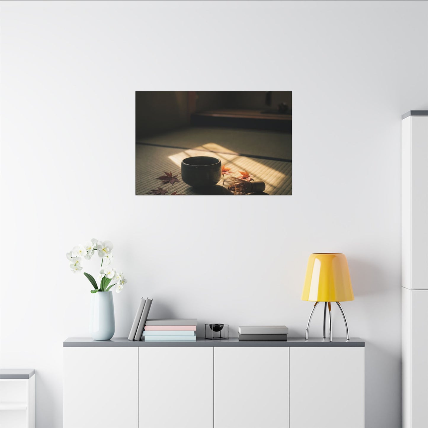 Dark Japandi Tea Ceremony in Golden Hour | Moody Minimal Canvas Art
