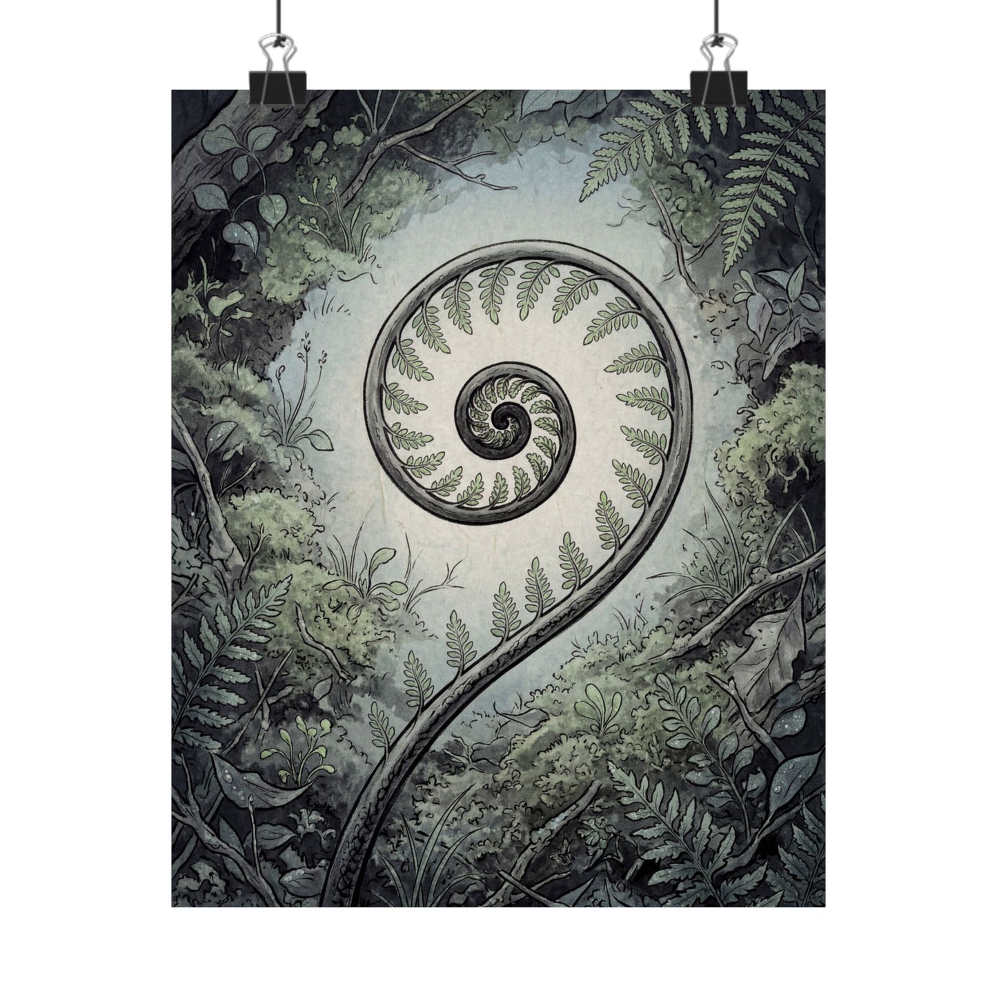 Contemplative Fern Unfurling Wall Art Print - Ukiyo E Inspired Zen Art Print
