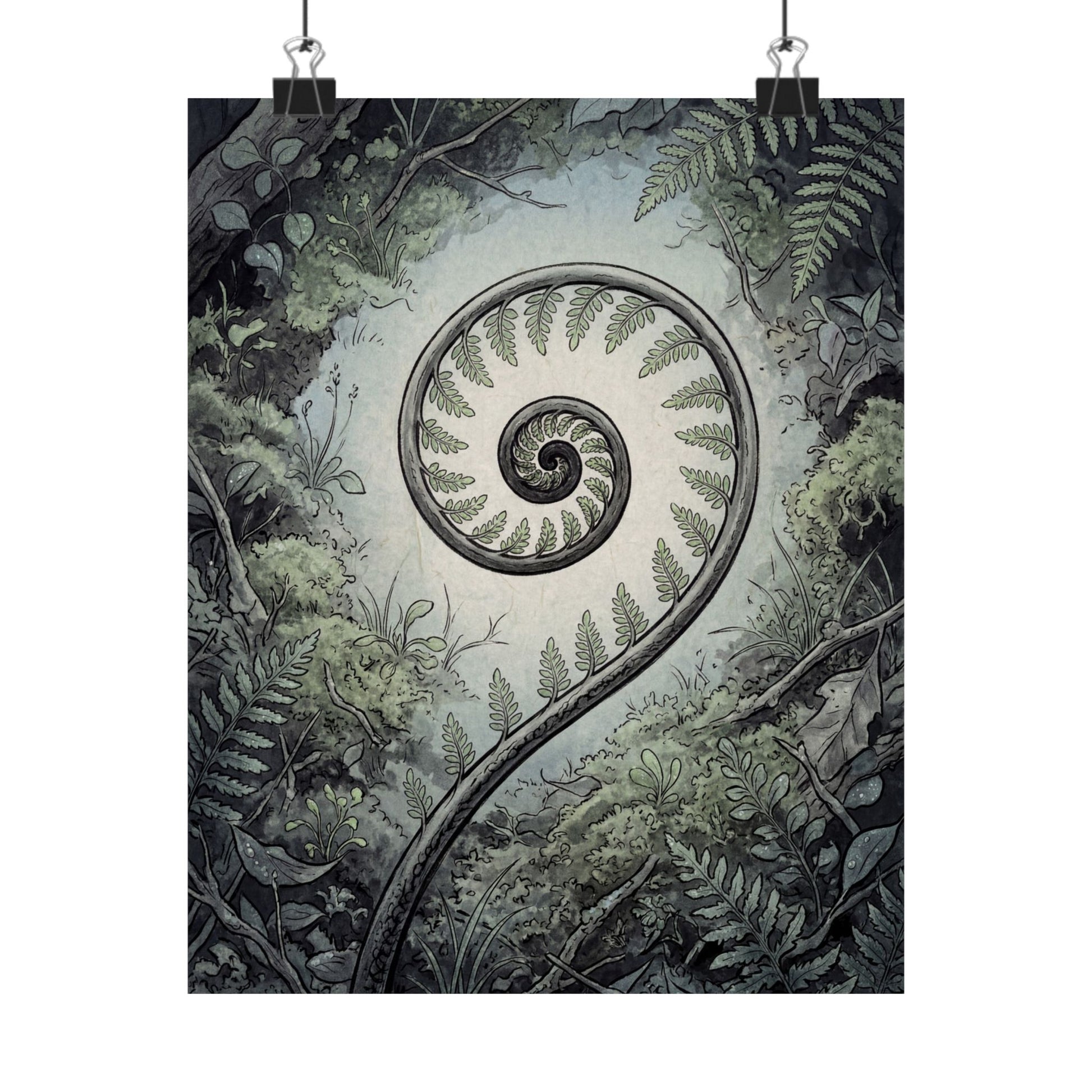 Contemplative Fern Unfurling Wall Art Print - Ukiyo E Inspired Zen Art Print