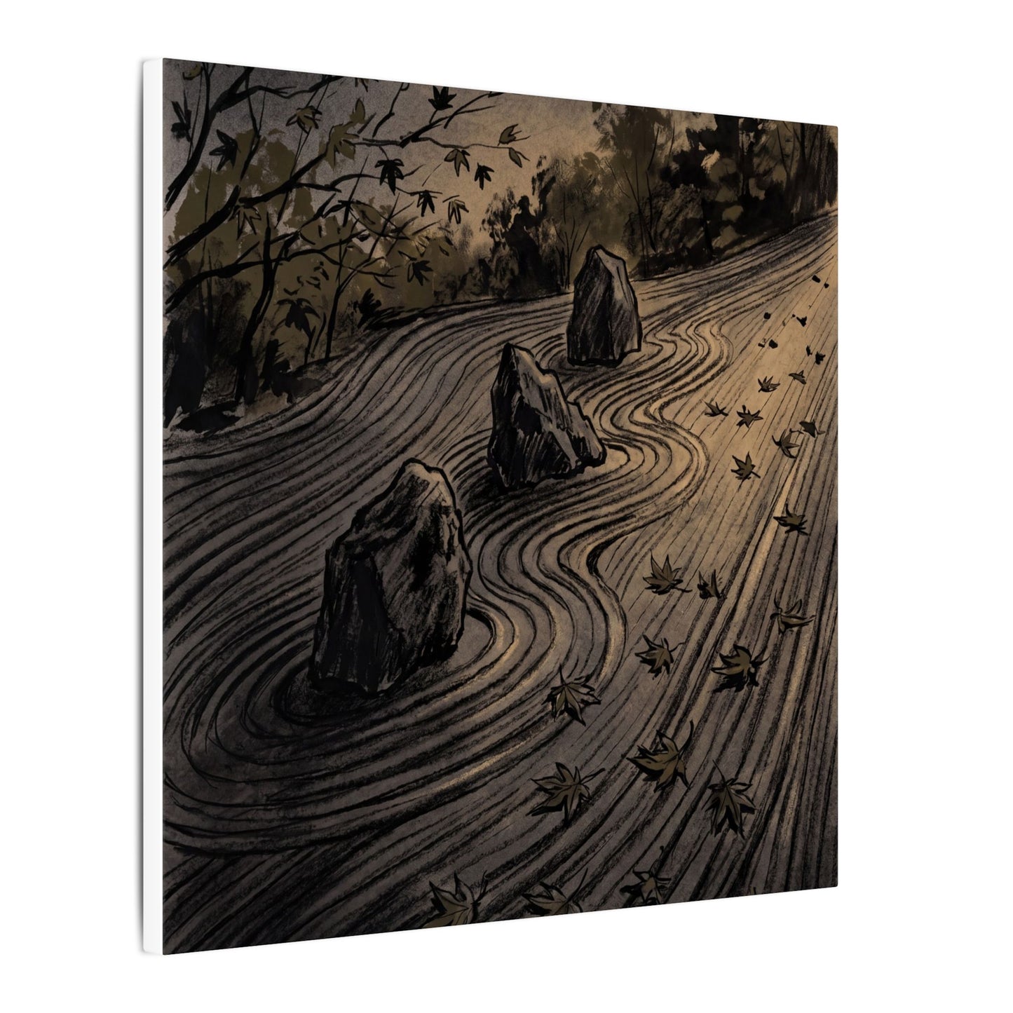 Rock Garden Canvas Art | Autumn Dark Japandi Charcoal Ink Art