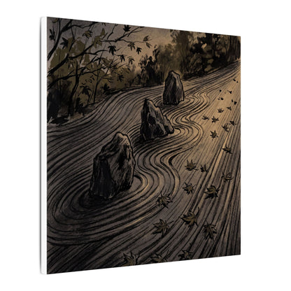 Rock Garden Canvas Art | Autumn Dark Japandi Charcoal Ink Art