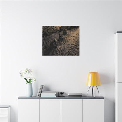 Rock Garden Canvas Art | Autumn Dark Japandi Charcoal Ink Art