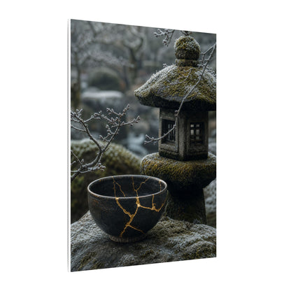 Stone Lantern Canvas Art | Winter Kintsugi Gold Repair Art