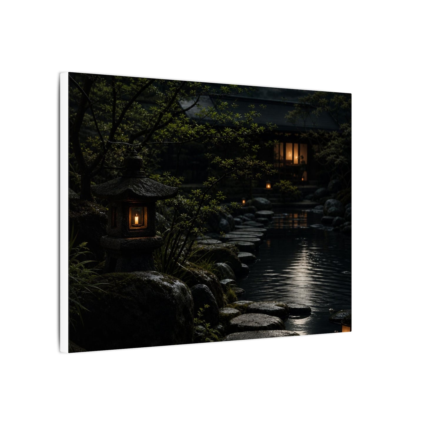 Moonlit Garden Shadow Zen Canvas Art | Sophisticated Dark Japandi Art