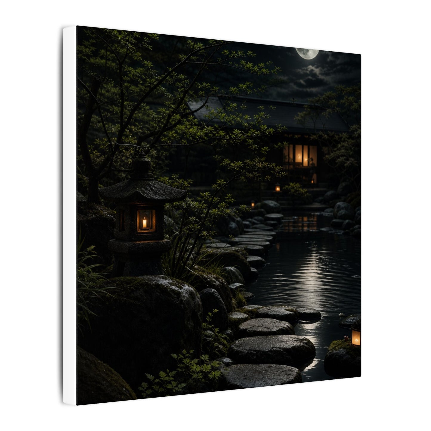 Moonlit Garden Shadow Zen Canvas Art | Sophisticated Dark Japandi Art