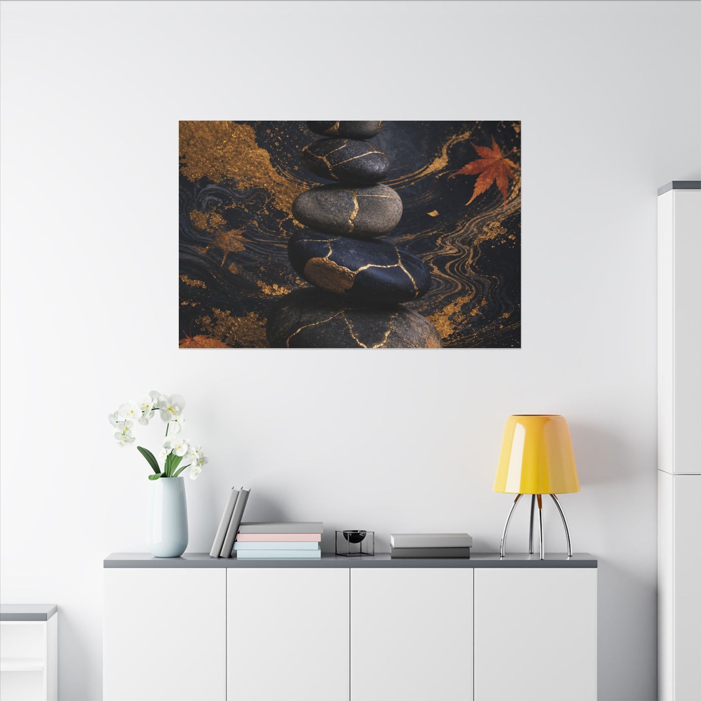 River Stones Autumn Canvas Art | Kintsugi Artful Design