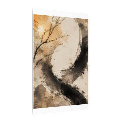 Japandi Ink Brushstroke in Golden Hour | Watercolor Canvas Art