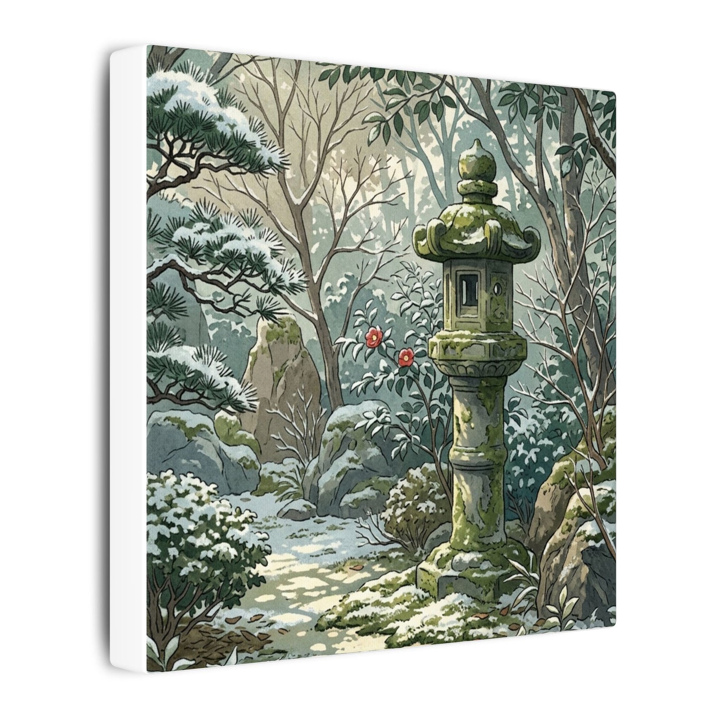 Stone Lantern Winter Canvas Art | Japandi Warm Design