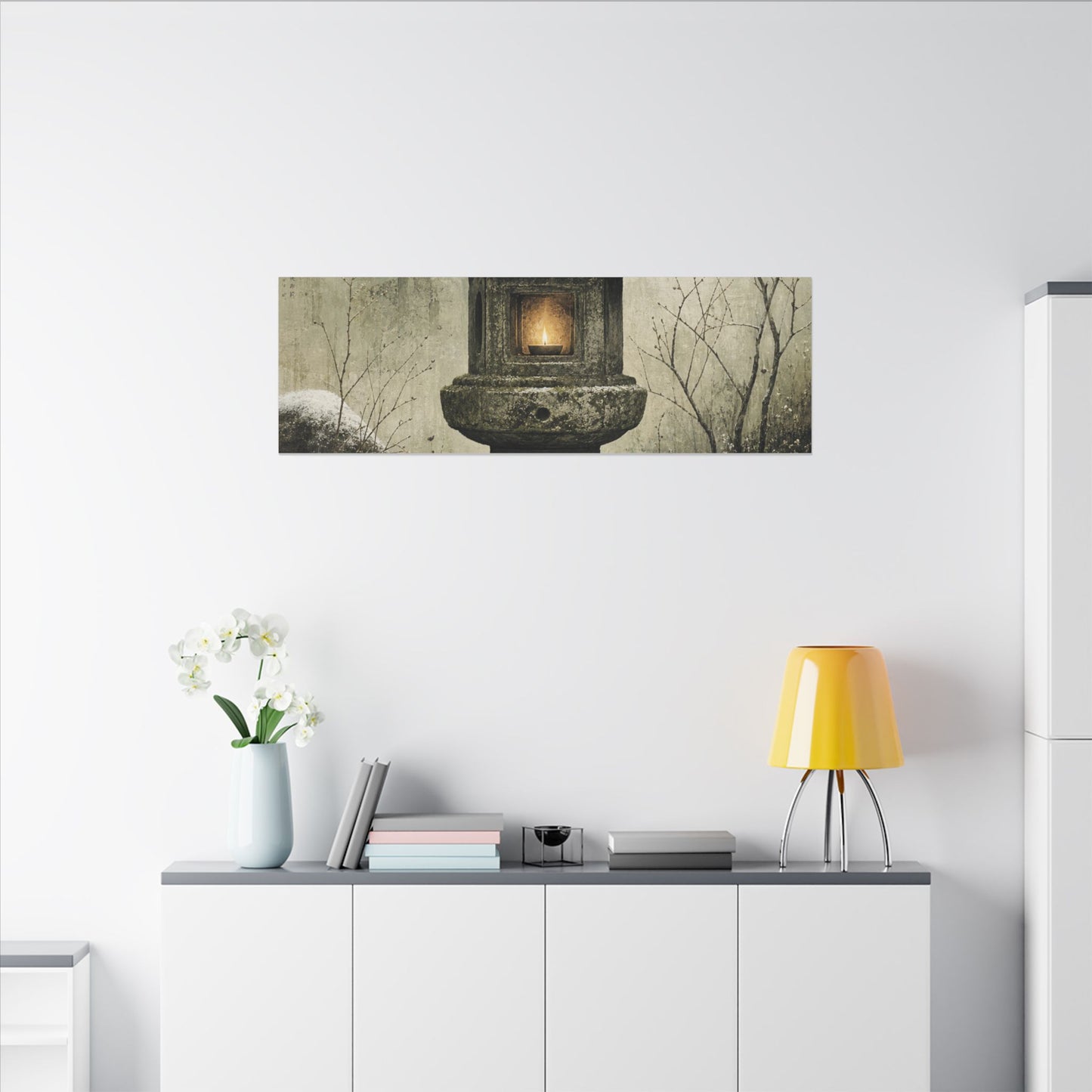 Stone Lantern Winter Canvas Art | Japandi Neutral Design