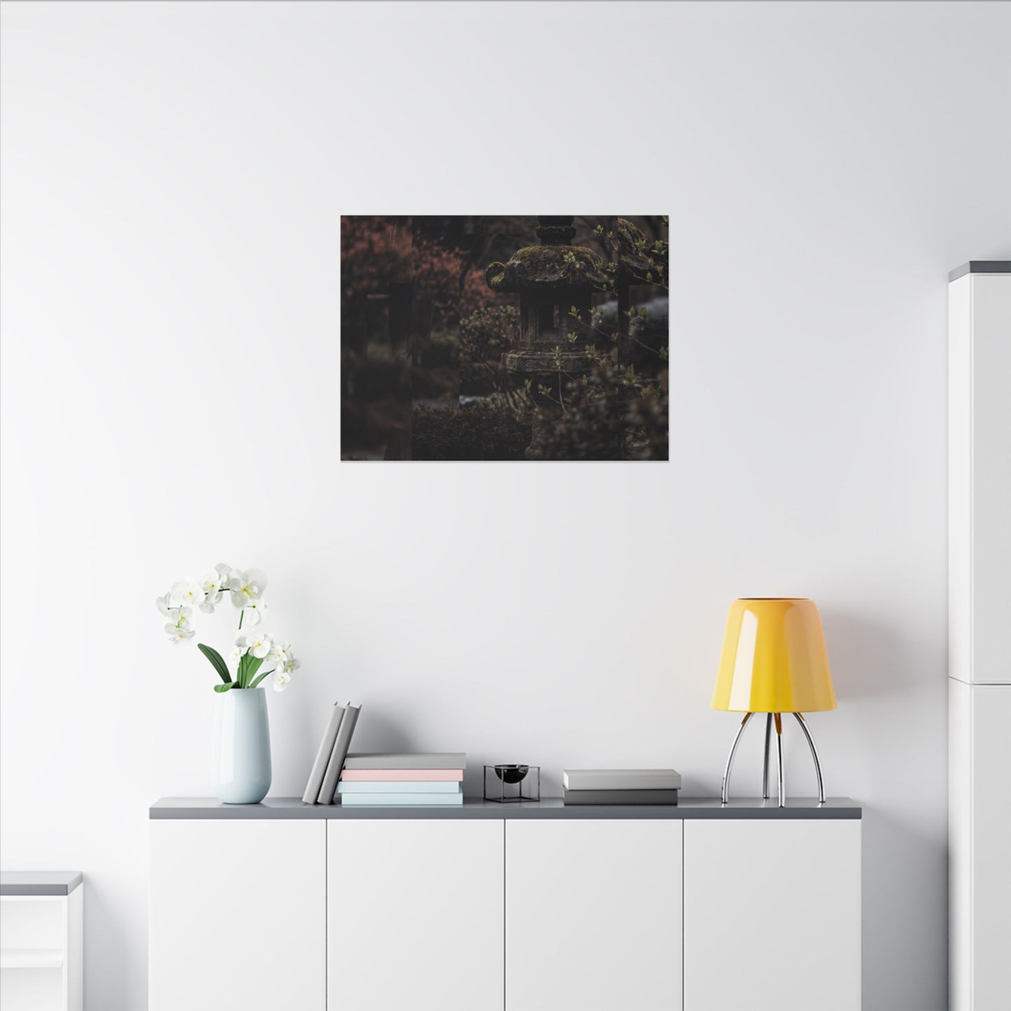 Stone Lantern Spring Canvas Art | Dark Japandi Bold Design