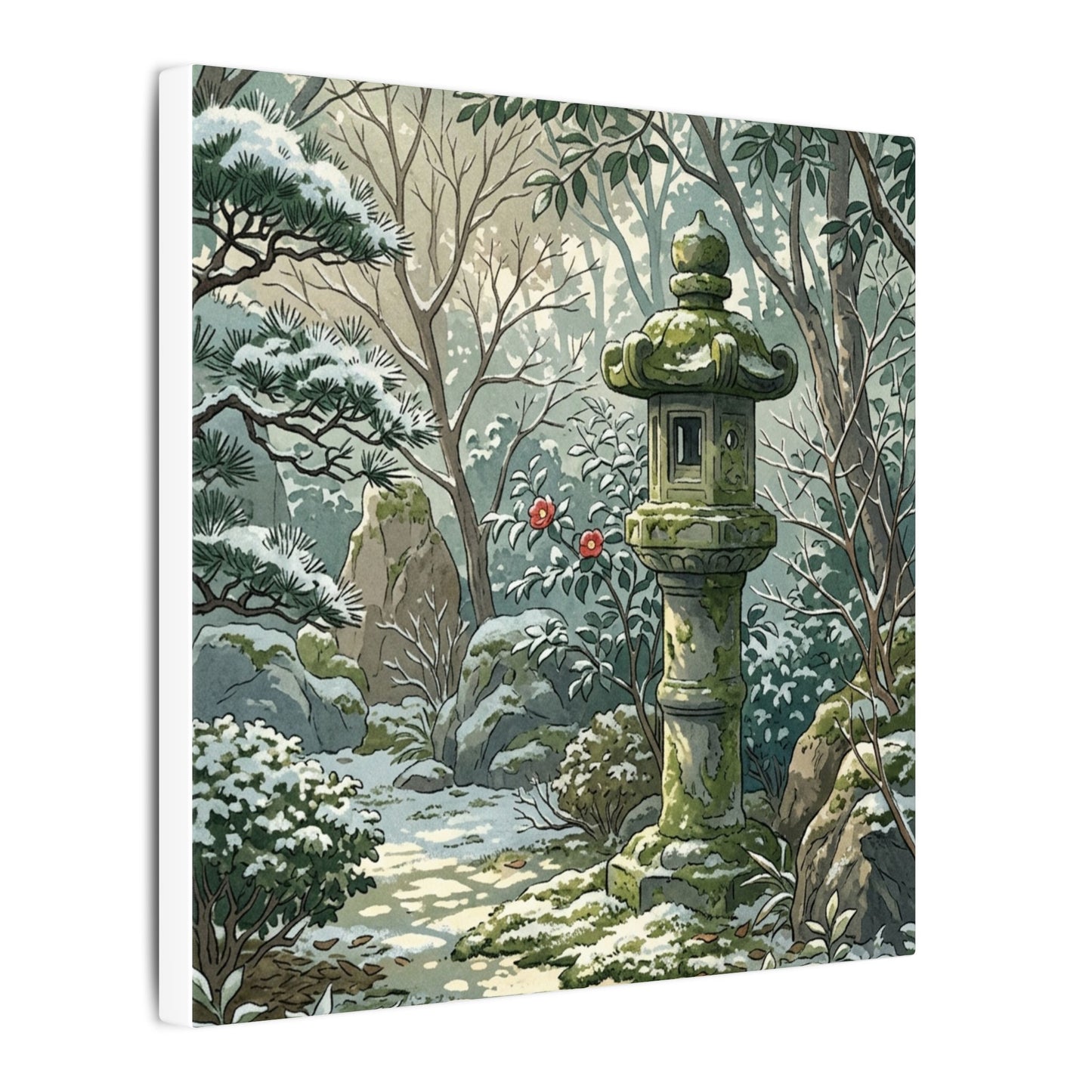 Stone Lantern Winter Canvas Art | Japandi Warm Design