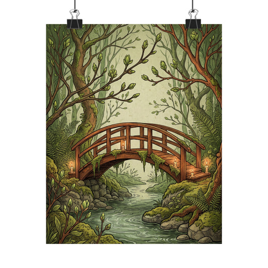 Mono No Aware Wooden Bridge Wall Art Print - Cottagecore Vintage Botanical