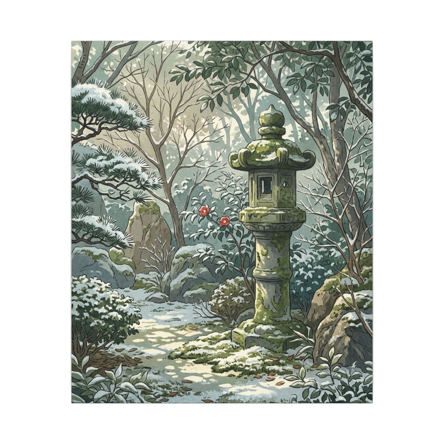 Stone Lantern Winter Canvas Art | Japandi Warm Design