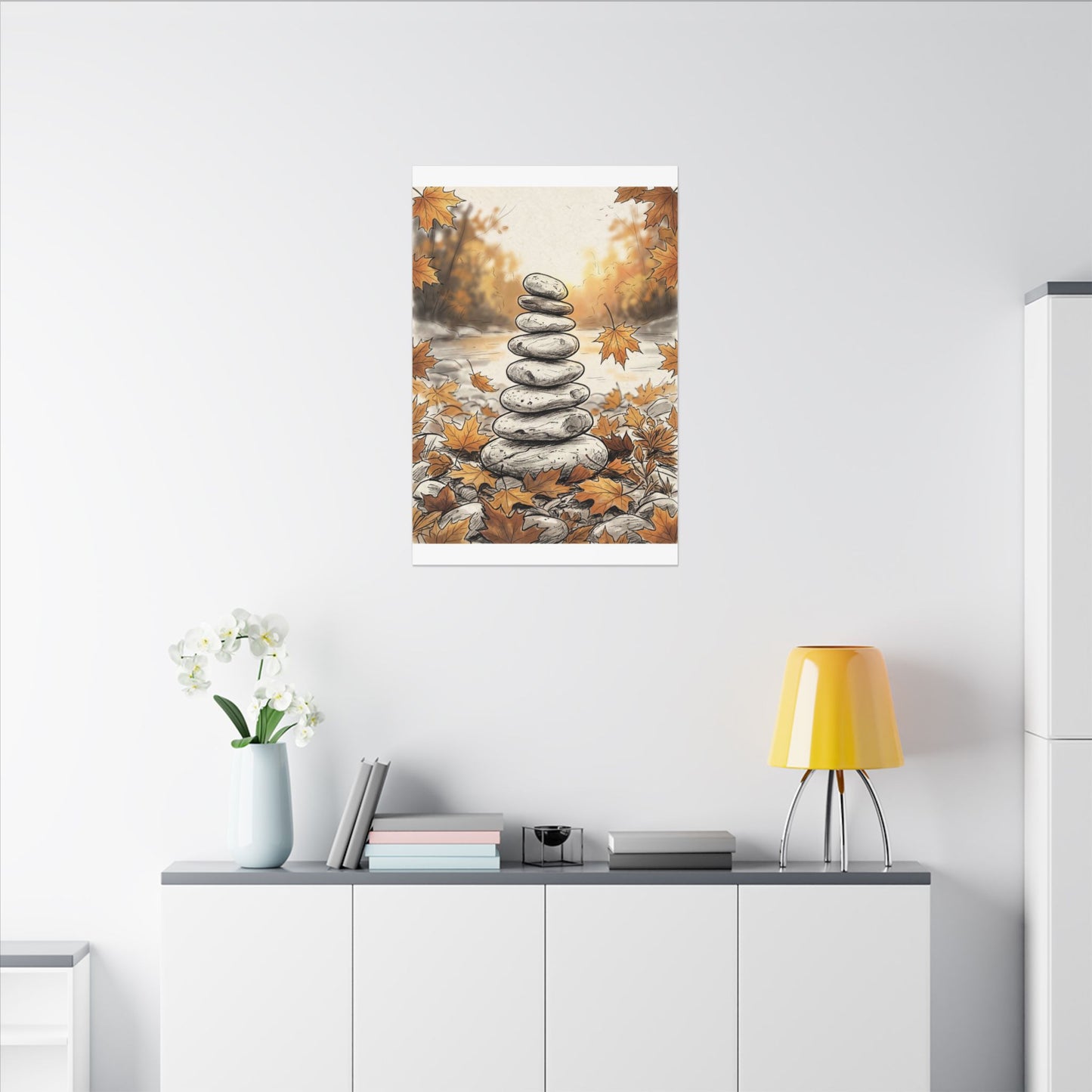 Earthy River Stones Canvas Art - Minimal Line Japandi