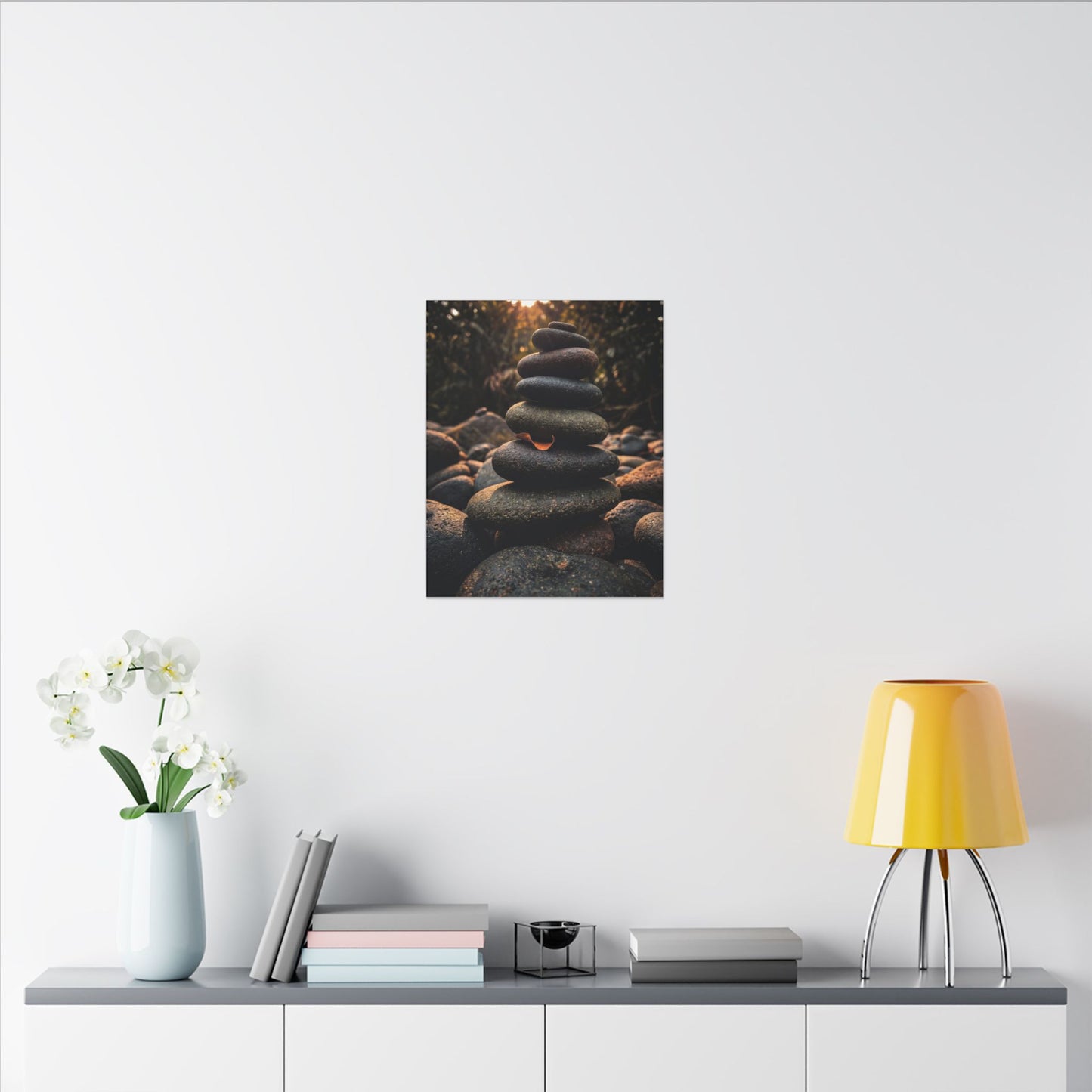 Dark Japandi River Stones in Golden Hour | Moody Minimal Canvas Art