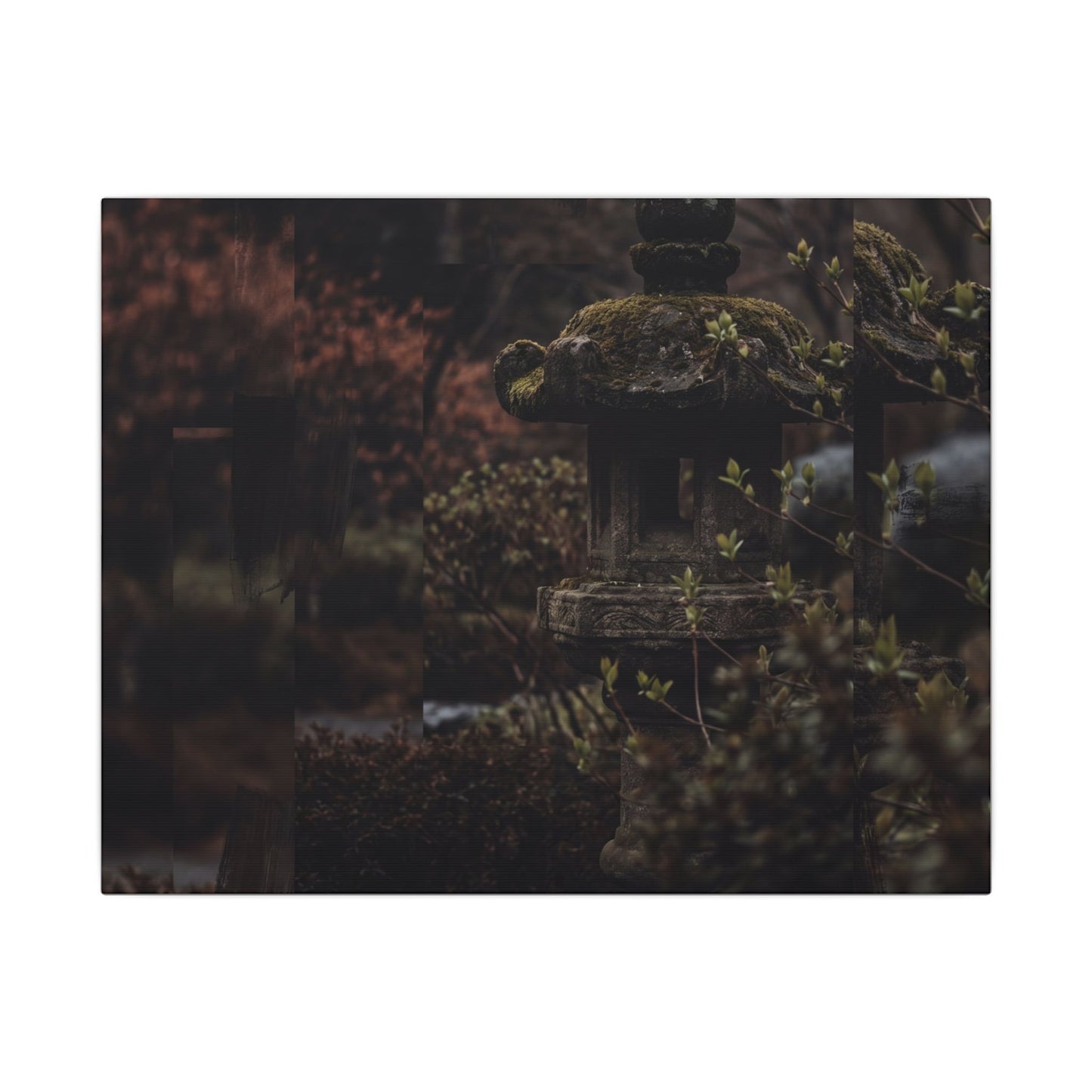 Stone Lantern Spring Canvas Art | Dark Japandi Bold Design