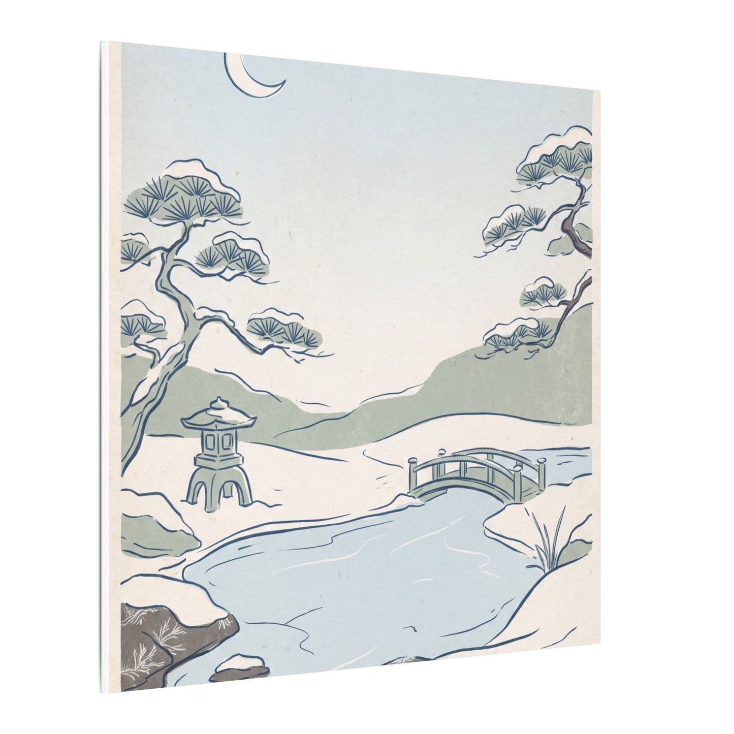 Japandi Moonlit Garden in Moonlight | Minimal Line Canvas Art