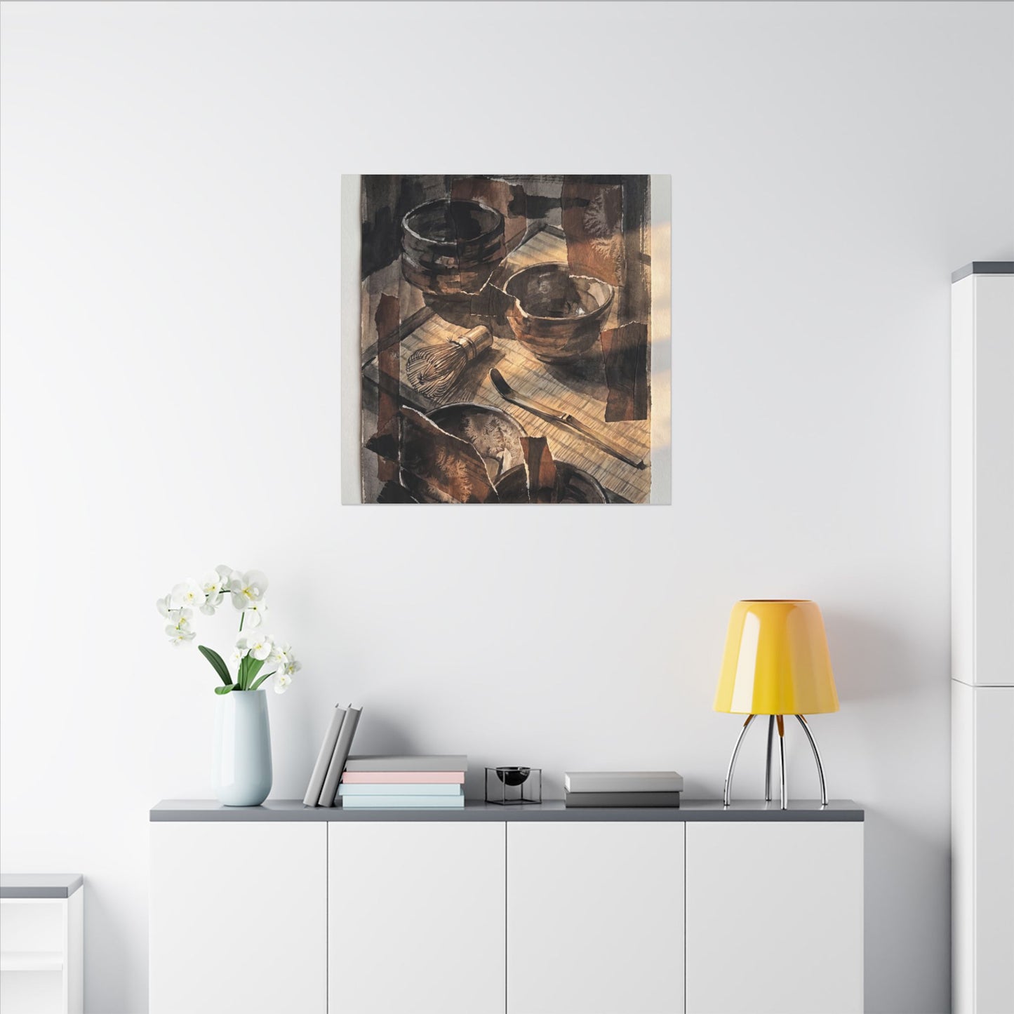 Tea Ceremony Charcoal Ink Canvas Art | Luxurious Dark Japandi Art