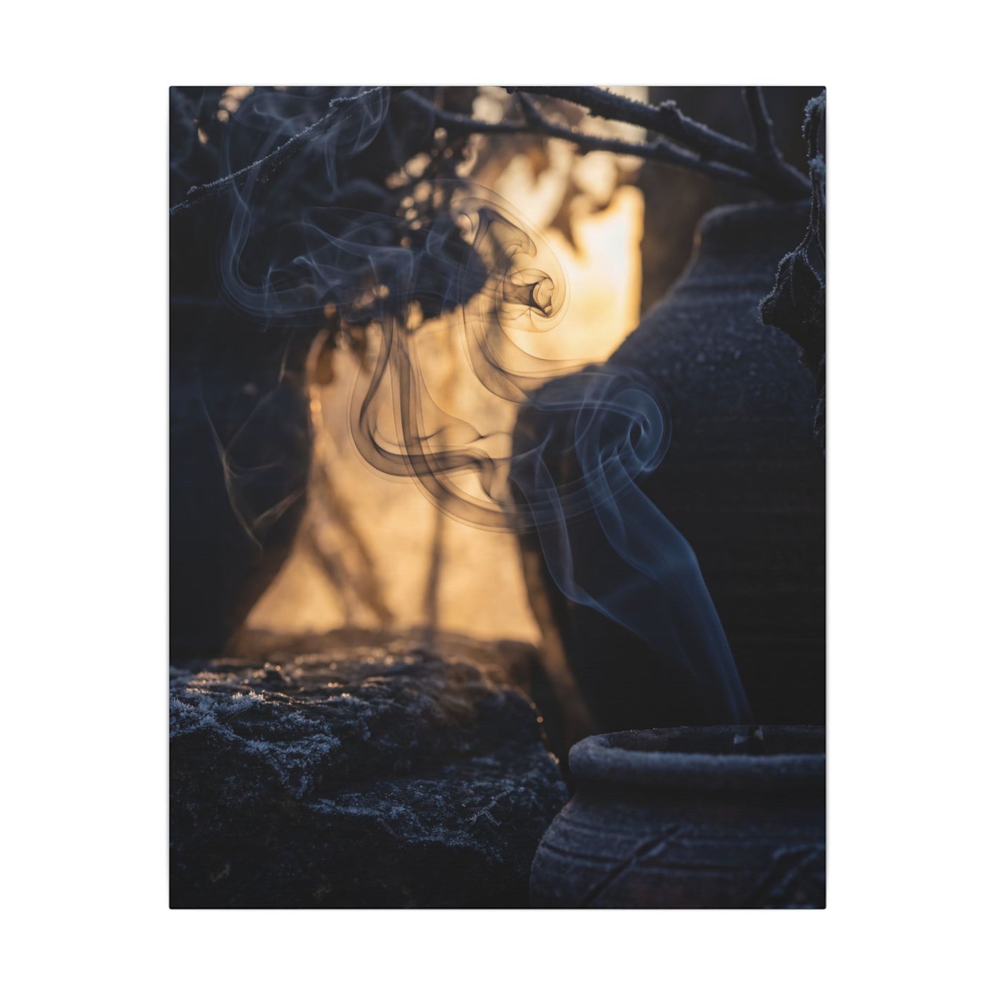 Incense Smoke Canvas Art | Winter Dark Japandi Shadow Zen Art