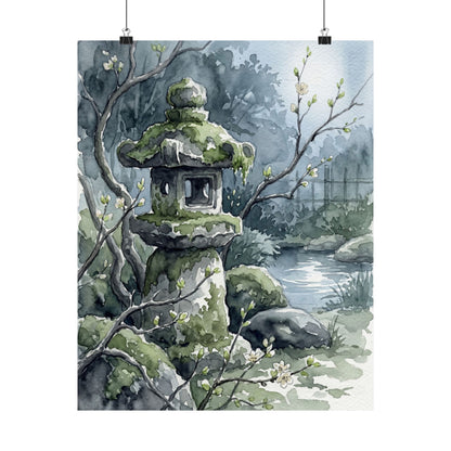 Japandi Stone Lantern in Moonlight | Watercolor Wall Art Print