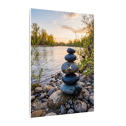 Kintsugi River Stones in Golden Hour | Gold Vein Canvas Art