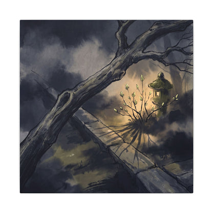 Dark Japandi Moonlit Garden in Golden Hour | Charcoal Ink Canvas Art