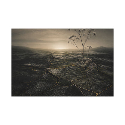 Dawn Cracked Earth Canvas Art - Dark Japandi Mono No Aware