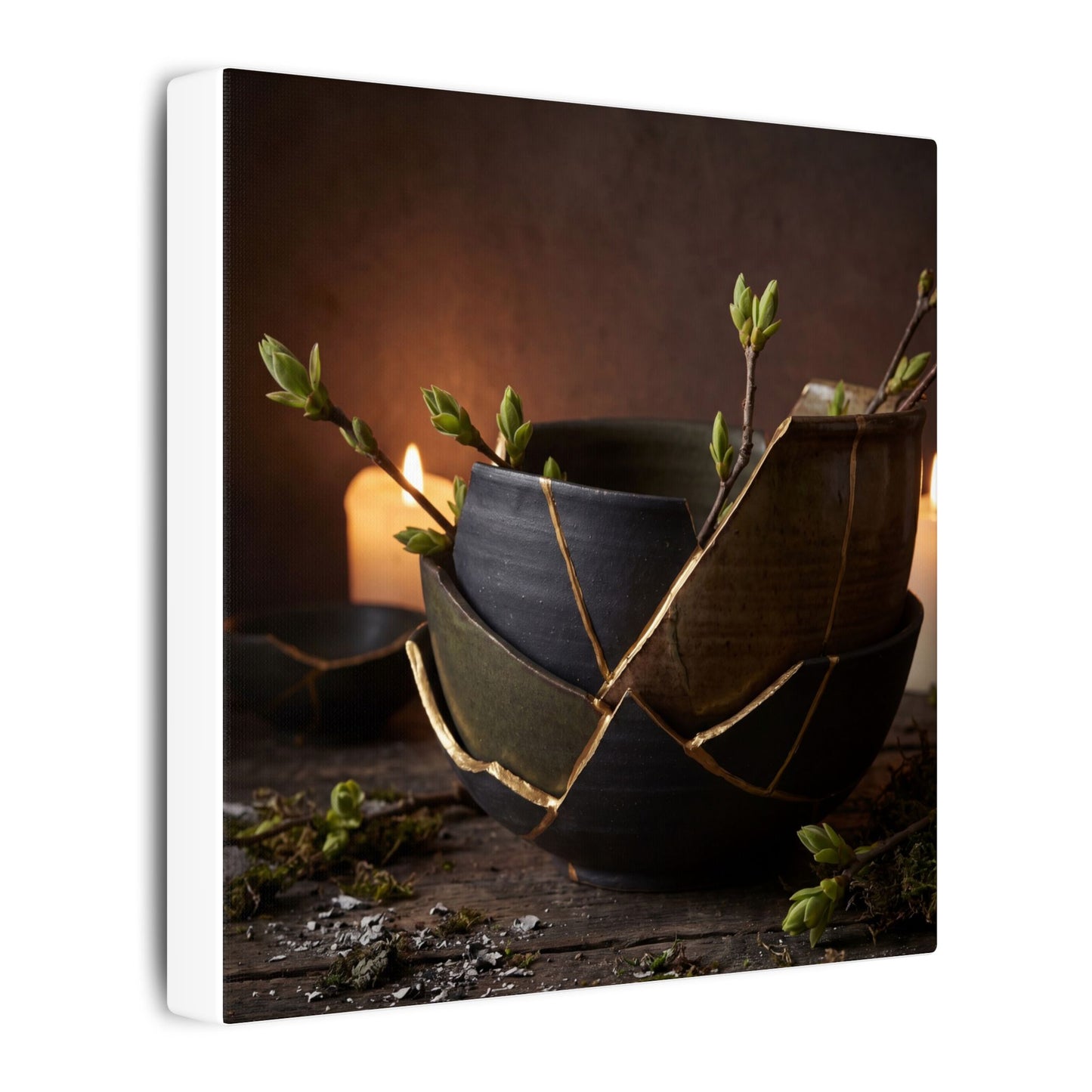 Broken Pottery Spring Canvas Art | Dark Japandi Luxurious Design