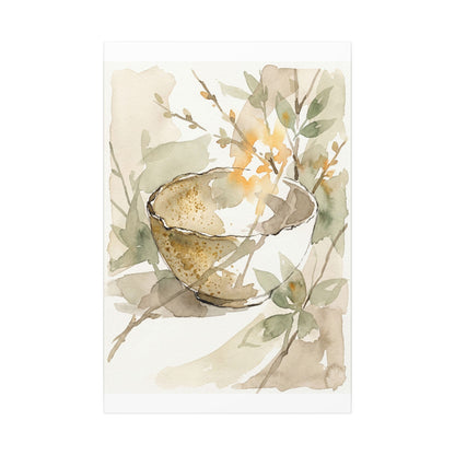 Spring Ceramic Bowl Watercolor Canvas Art | Neutral Decor
