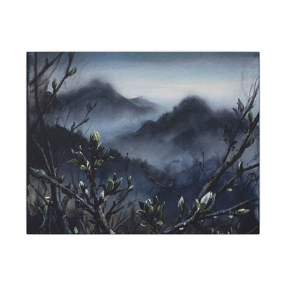 Mountain Mist Spring Canvas Art | Dark Japandi Atmospheric Design Art Print