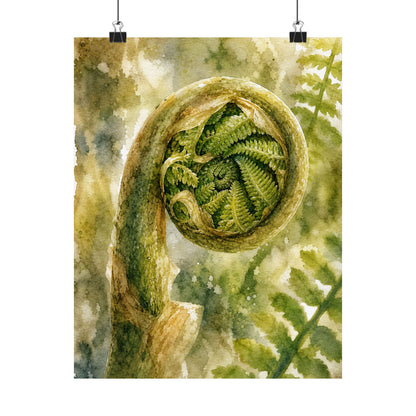 Elegant Fern Unfurling Wall Art Print - Watercolor Japandi