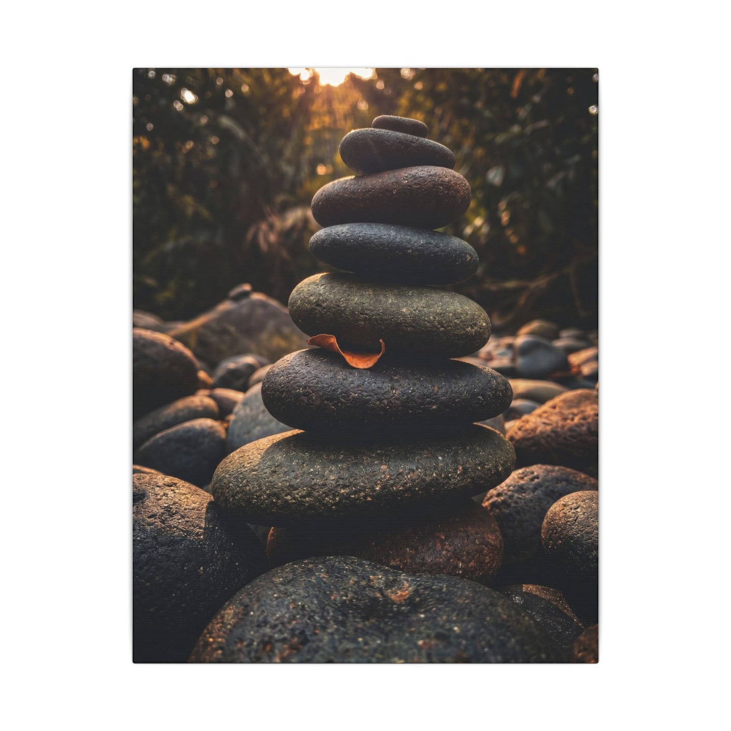 Dark Japandi River Stones in Golden Hour | Moody Minimal Canvas Art