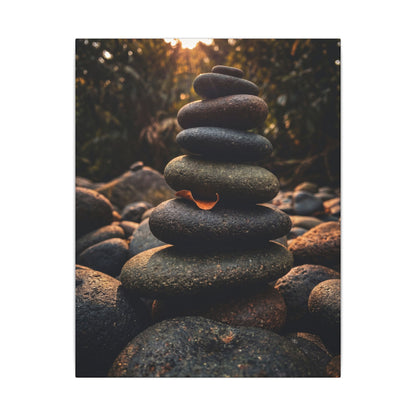 Dark Japandi River Stones in Golden Hour | Moody Minimal Canvas Art