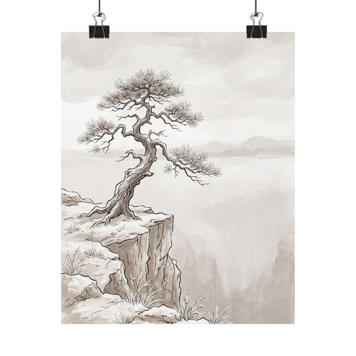 Japandi Pine Tree in Overcast | Minimal Line Wall Art Print