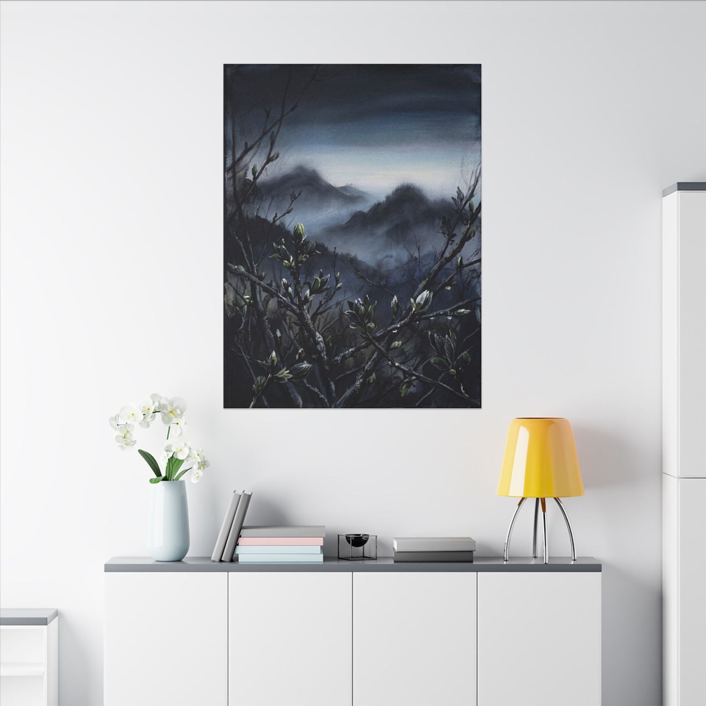 Mountain Mist Spring Canvas Art | Dark Japandi Atmospheric Design
