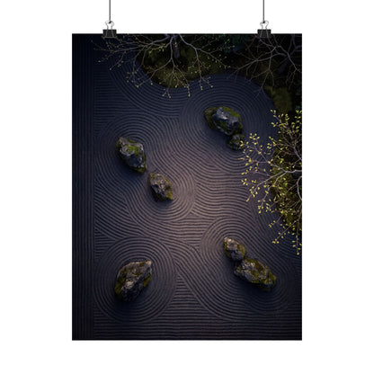 Rock Garden Shadow Zen Wall Art Print | Atmospheric Dark Japandi Art