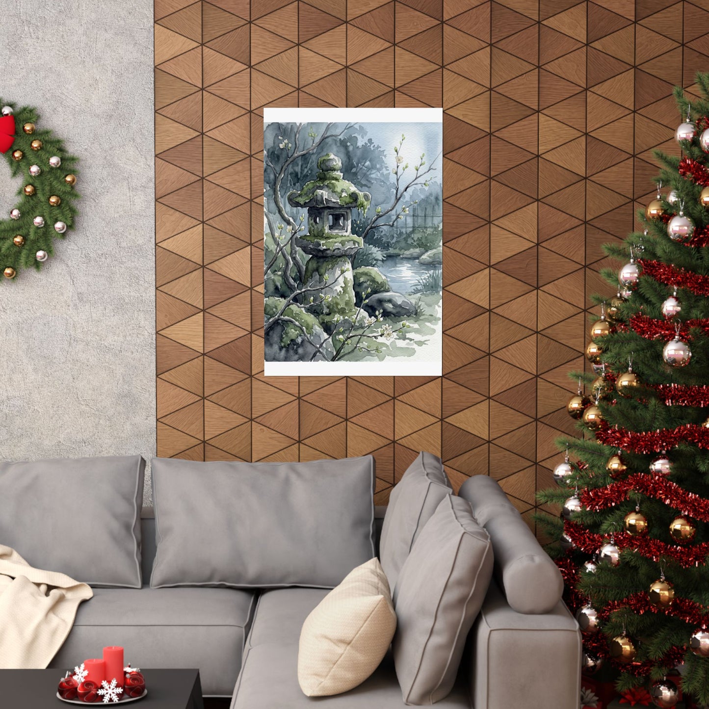 Japandi Stone Lantern in Moonlight | Watercolor Wall Art Print