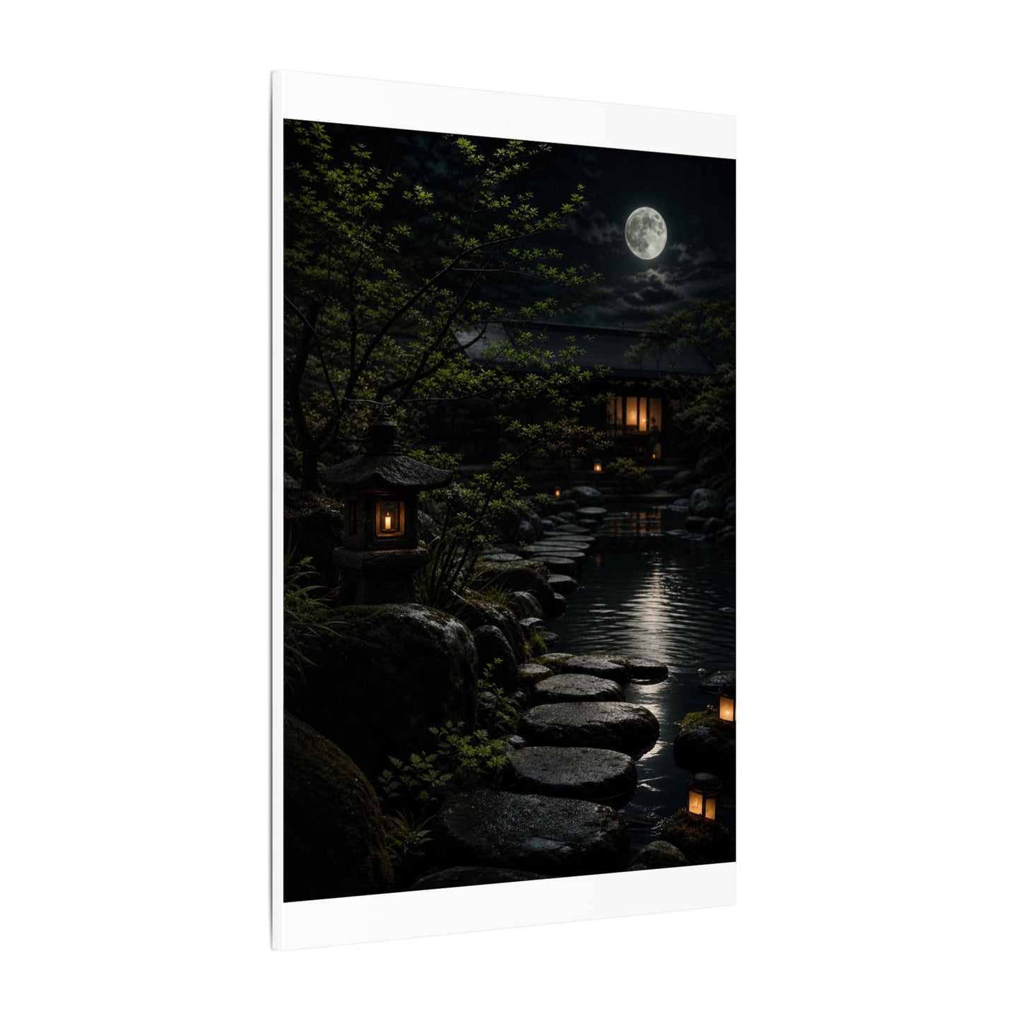 Moonlit Garden Shadow Zen Canvas Art | Sophisticated Dark Japandi Art