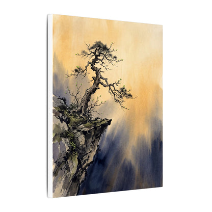 Zen Pine Tree in Golden Hour | Sumi E Canvas Art