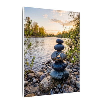 Kintsugi River Stones in Golden Hour | Gold Vein Canvas Art