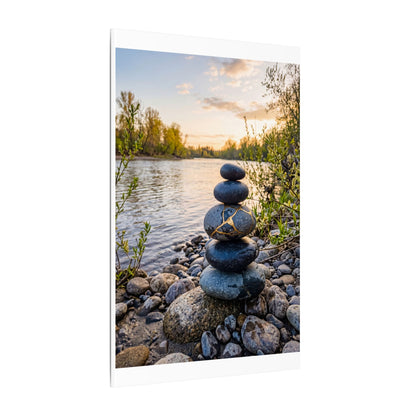 Kintsugi River Stones in Golden Hour | Gold Vein Canvas Art