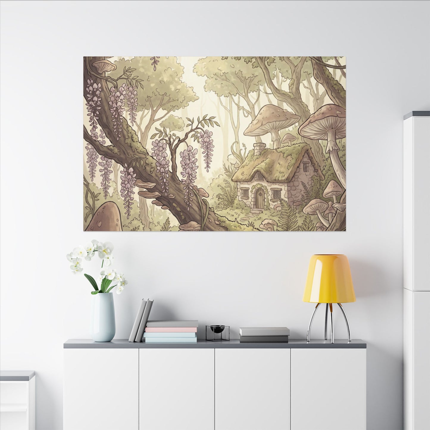 Summer Wisteria Mushroom Illustration Canvas Art | Enchanting Decor