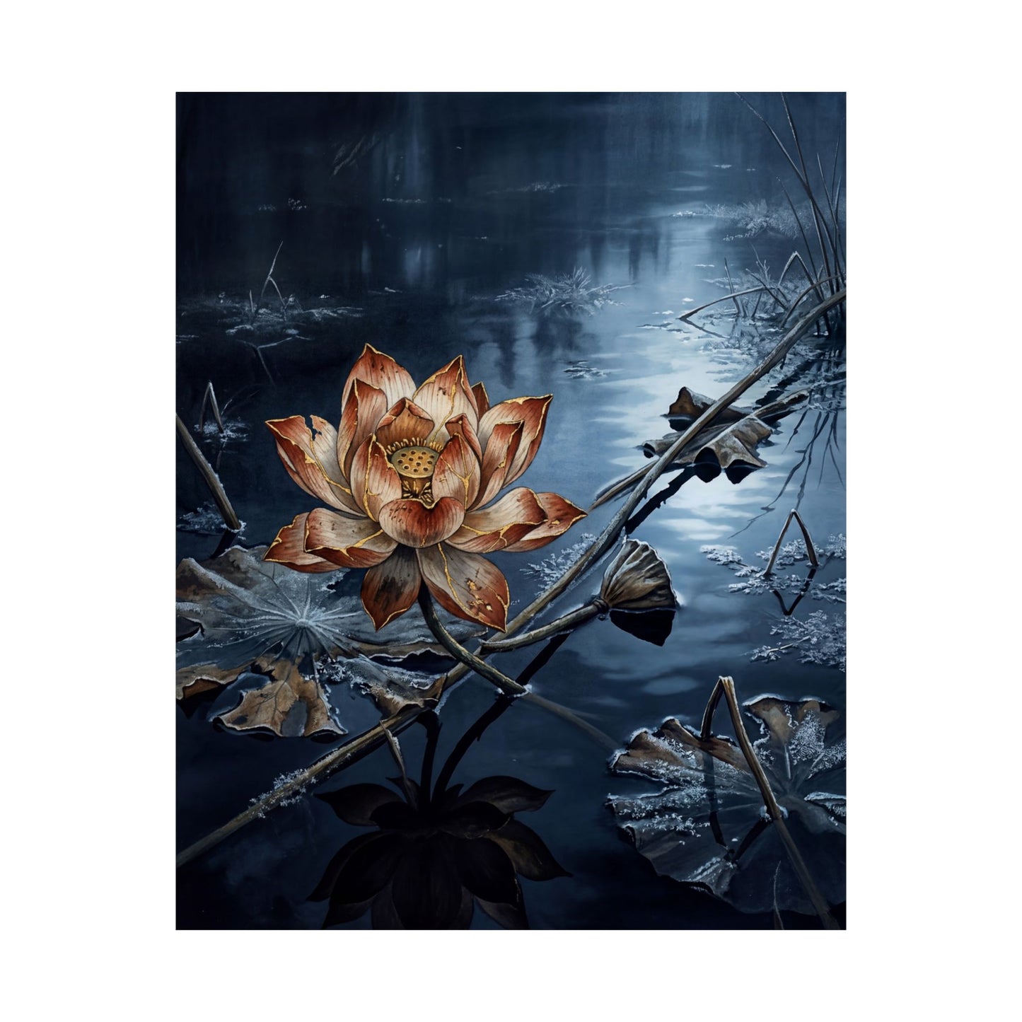 Kintsugi Lotus Flower in Moonlight | Broken Beauty Wall Art Print