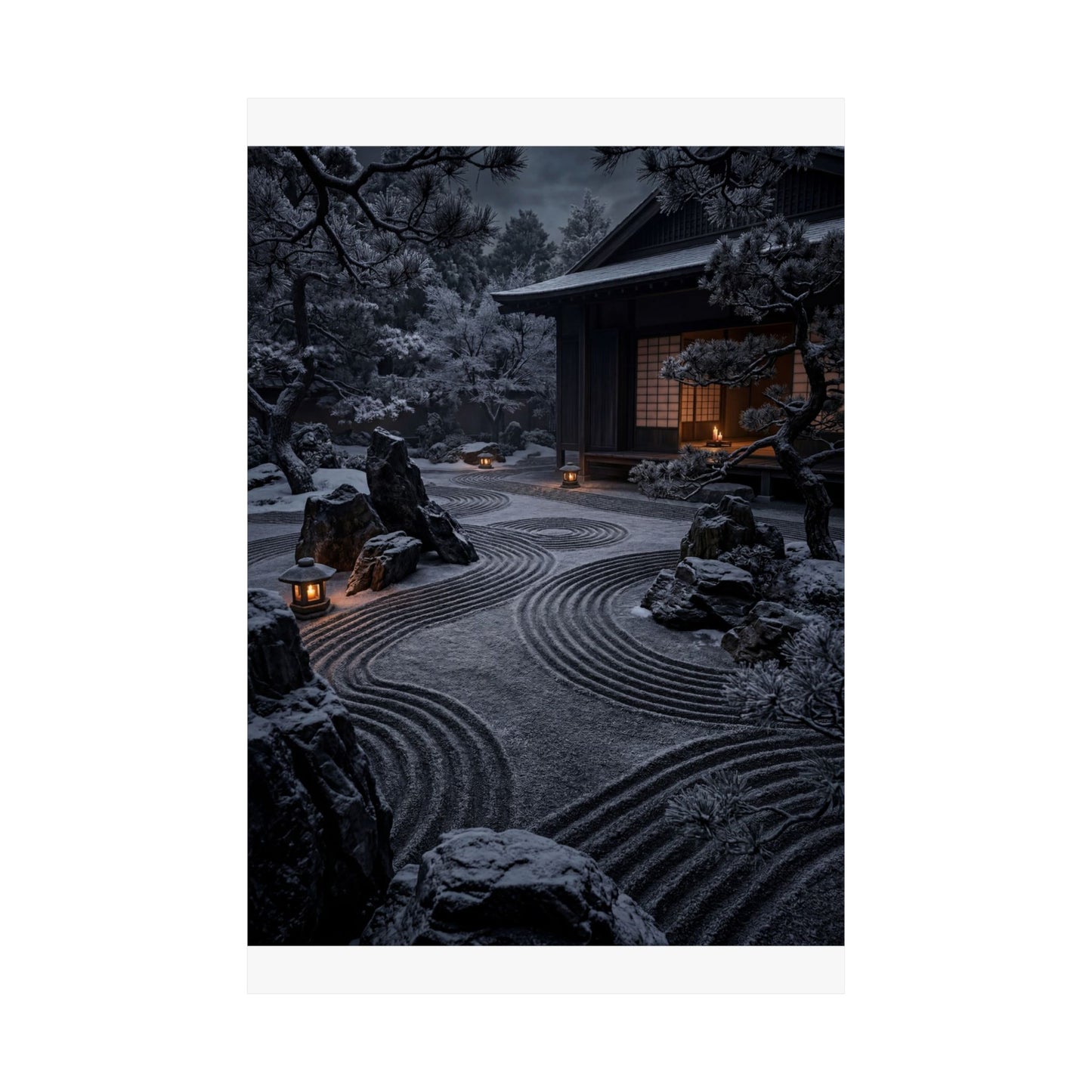 Dark Japandi Rock Garden in Candlelight | Shadow Zen Wall Art Print