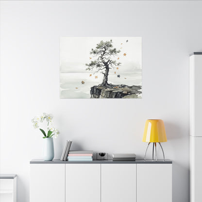 Japandi Pine Tree in Overcast | Watercolor Canvas Art